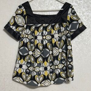 Kikit Square Neck Black White Geometric Floral Print Blouse Short Sleeve Top M
M